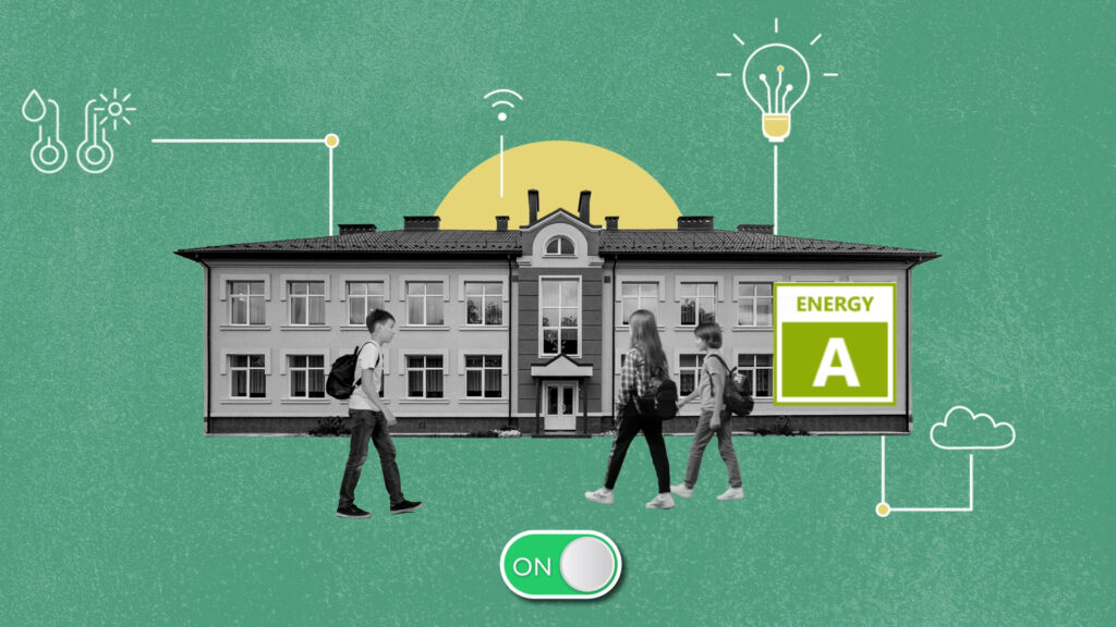 Children approach a school building. A symbol of a switch at bottom center goes from off to on. A grade for energy in lower right corner goes from D to A as symbols of light and energy appear above the school, showing the Vertuoz Control system is working.