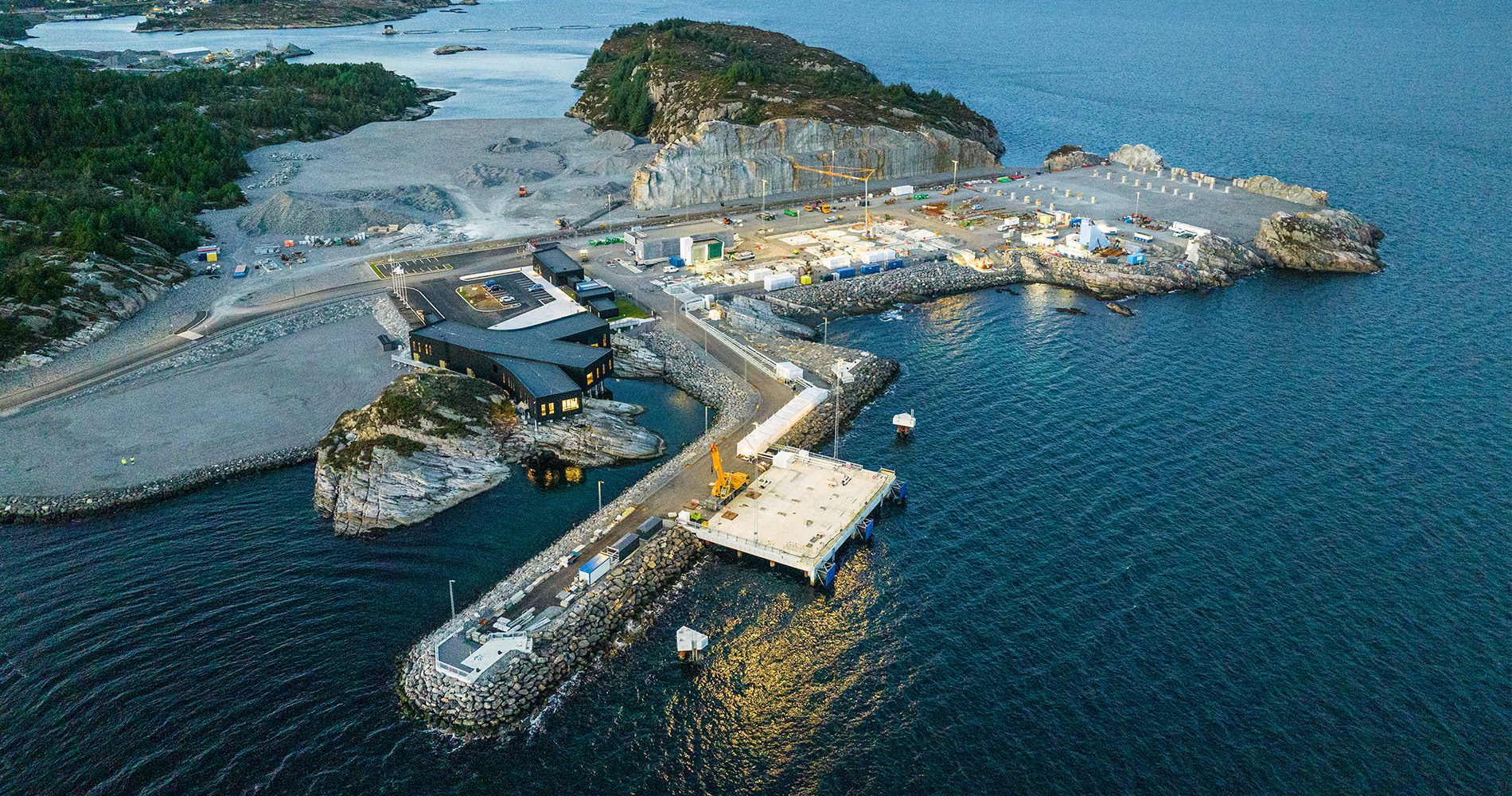 An aerial view of the Northern Lights' carbon dioxide receiving terminal beside the sea