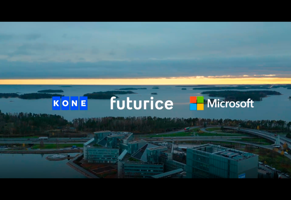 Maisema Keilaniemestä. Edessä logot KONE, Futurice, Microsoft.