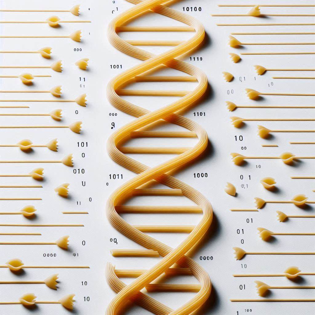 A close-up view of a DNA strand made from pasta, showcasing the intricate details and structure of the double helix.