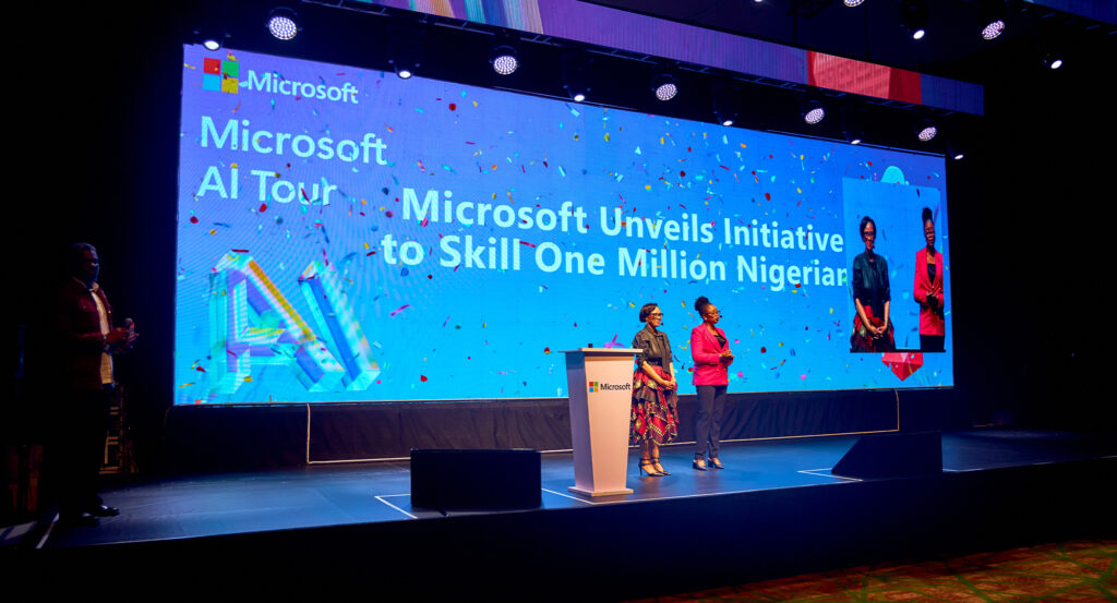 President of Microsoft Africa, Lillian Barnard, and Managing Director Microsoft Nigeria and Ghana, Ola Williams, on stage at the Microsoft AI Tour Nigeria.