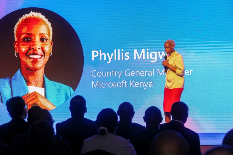 Phyllis Migwi, Country Manager, Microsoft Kenya, delivers the keynote address on stage at the AI Tour stop in Nairobi, Kenya.