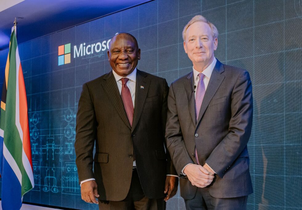 Microsoft Vice Chair and President Brad Smith stands alongside the Honourable President of the Republic of South Africa Cyril Ramaphosa