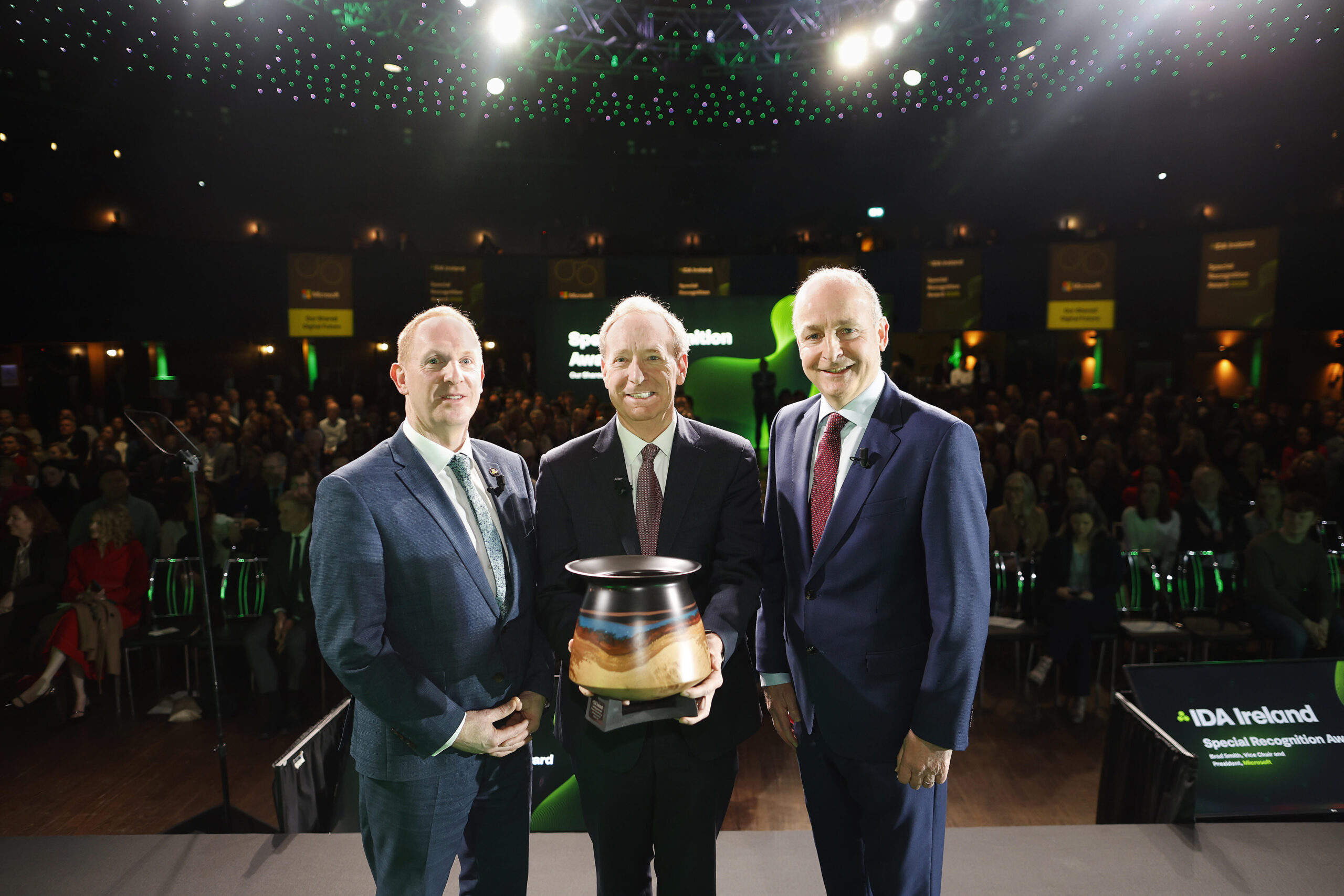 IDA Michael Lohan, Brad Smith, Taoiseach Micheal Martin at Special Recognition Award, March 2025, Dublin, Ireland