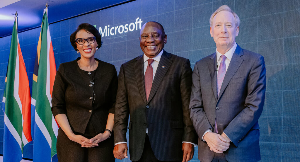 Lillian Barnard, General Manager, Microsoft Africa, H.E. Cyril Ramaphosa, President of the Republic of South Africa, and Brad Smith, Vice Chair and President of Microsoft at the announcement of Microsoft’s additional ZAR5.4 billion investment in South Africa.
